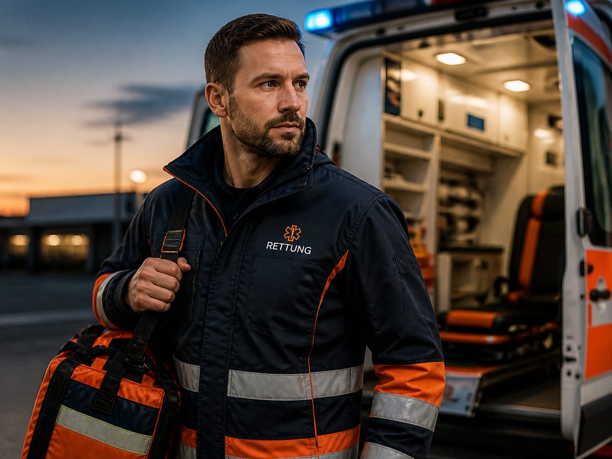 Rettungsdienst: dunkelblaue Einsatzjacke mit Reflexstreifen und gesticktem Logo vor einem Rettungswagen