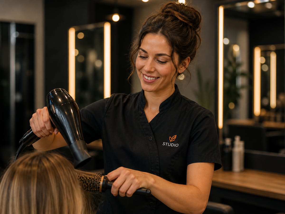 Friseursalon: schwarzer Kasack mit dezent gesticktem Salon-Logo beim Föhnen
