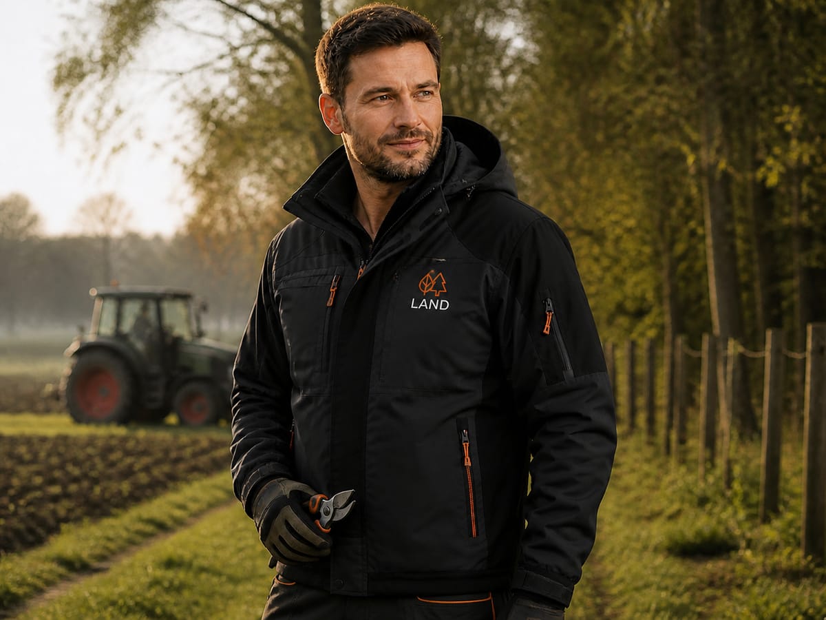 Landwirtschaft: schwarze Wetterschutzjacke mit gesticktem Firmenlogo vor Feld und Traktor