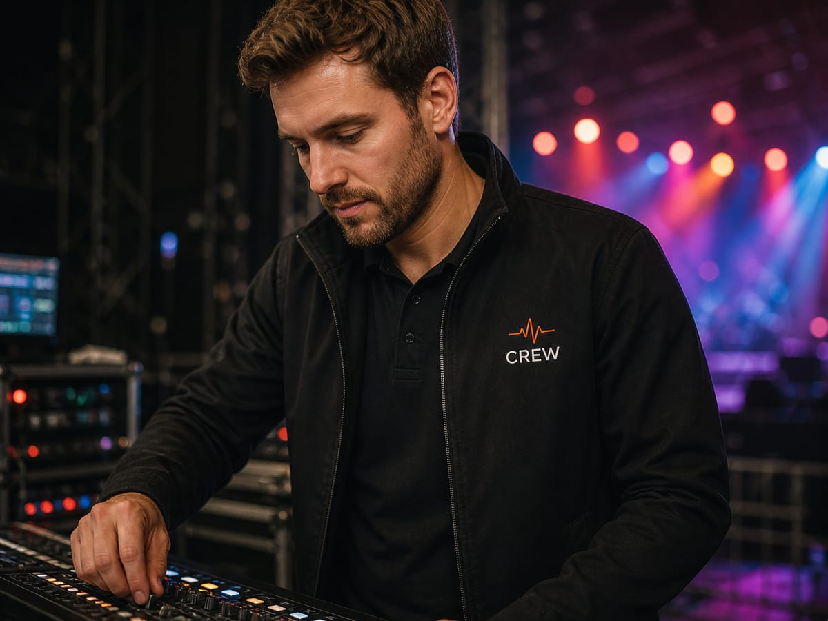 Veranstaltungstechnik: schwarze Crew-Jacke mit gesticktem Logo am Mischpult vor der Bühne
