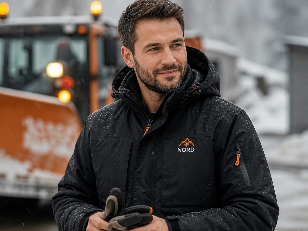 Winterdienst: schwarze Winterjacke mit gesticktem Firmenlogo im Schneetreiben vor dem Räumfahrzeug