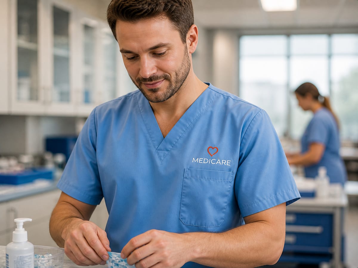 Pflege & Medizin: Arbeitskleidung mit gesticktem Firmenlogo