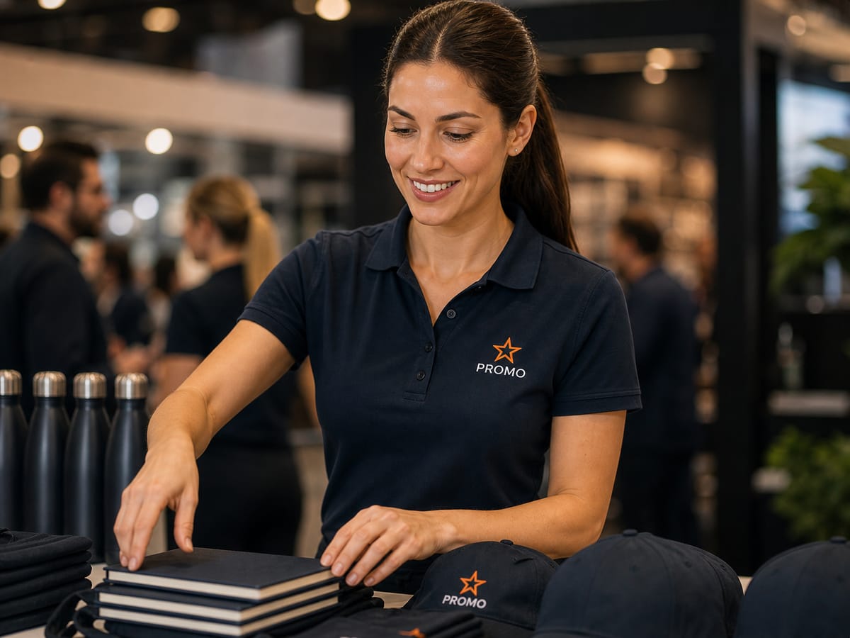 Werbeartikel: dunkles Polo mit gesticktem Firmenlogo, davor Caps und Textilien mit demselben Motiv