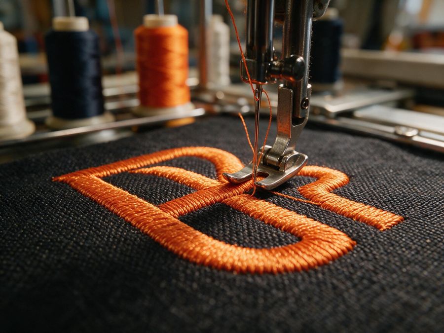 Stickmaschine beim Sticken eines Logos